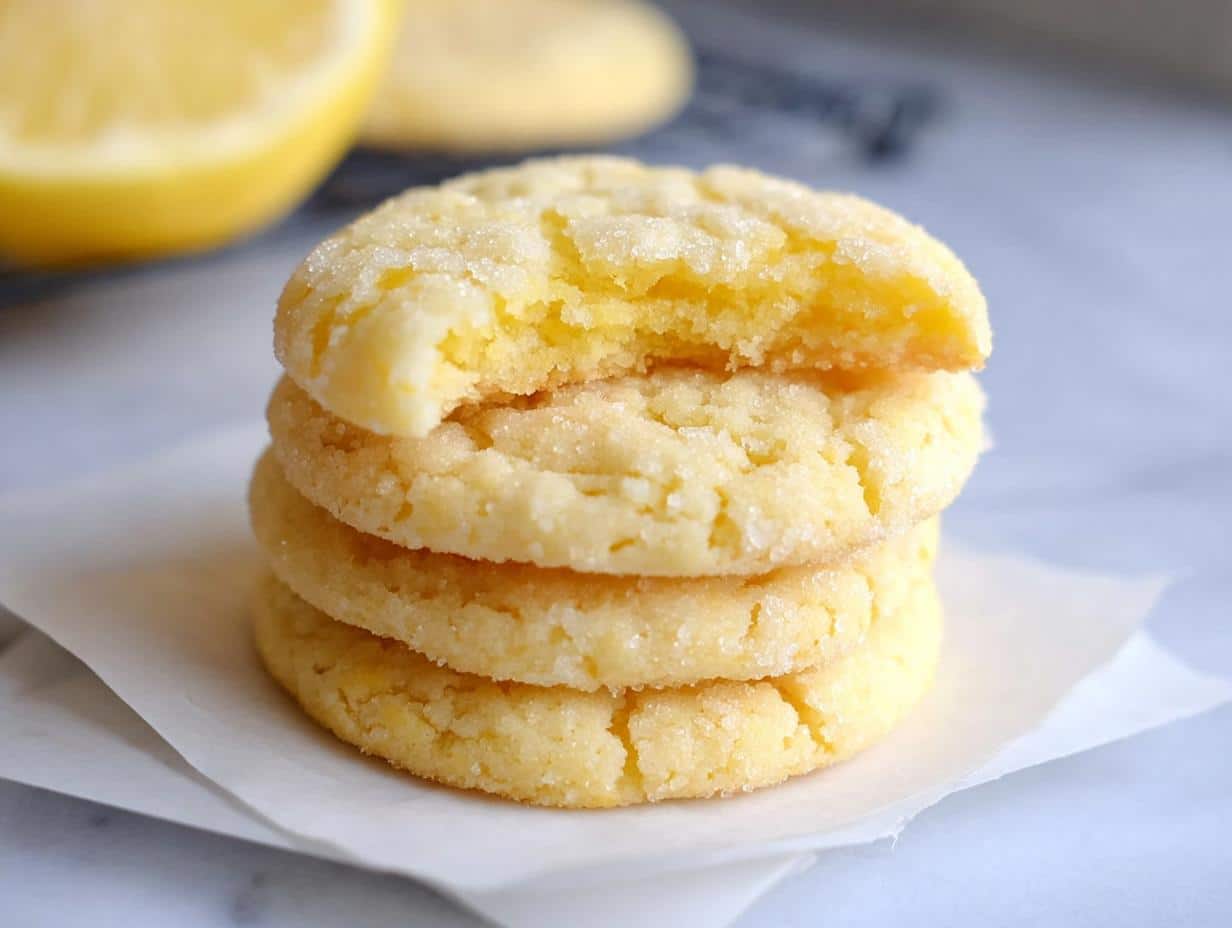 A stack of four soft and chewy Lemon Sugar Cookies, rolled in sugar, with the top cookie having a bite taken out.