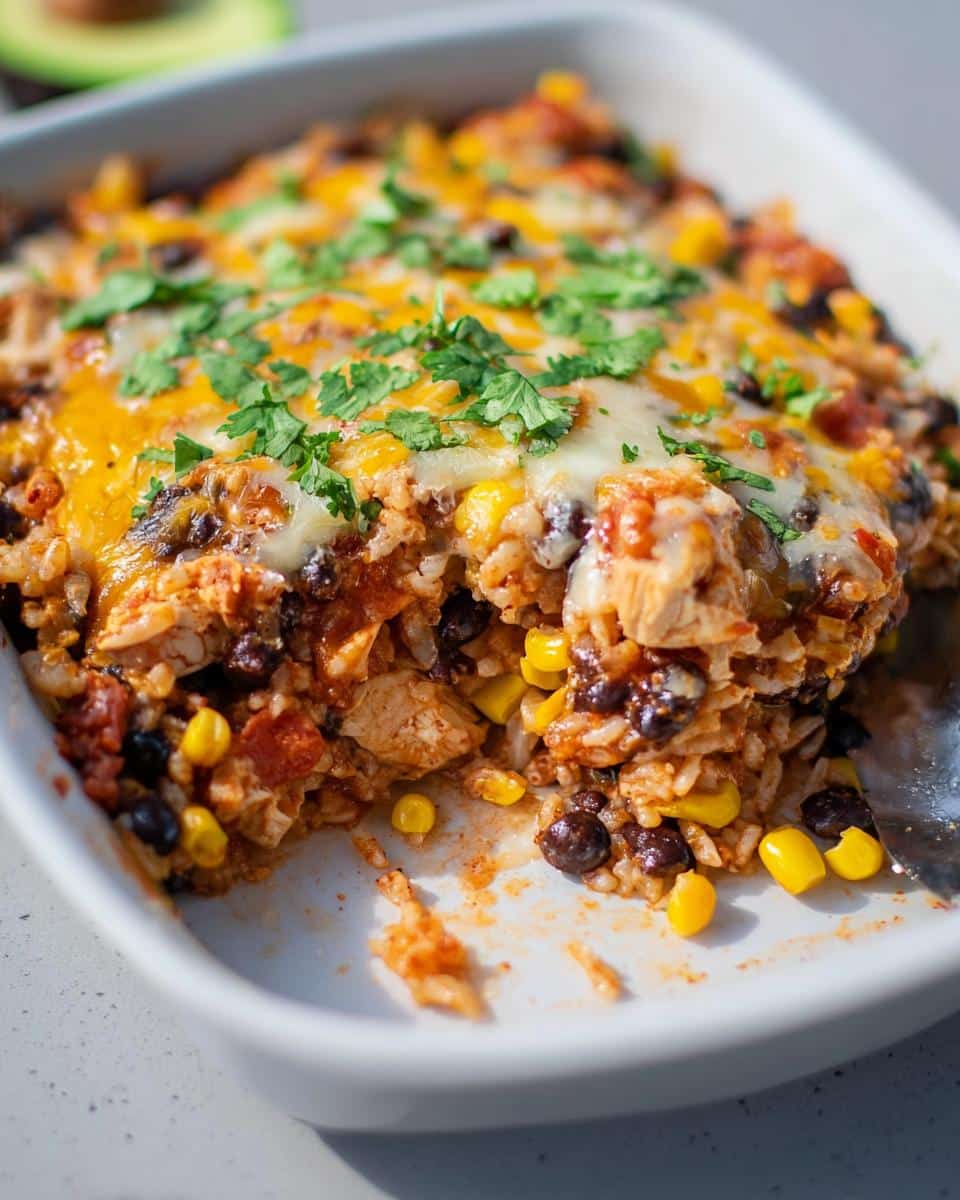 A scoop has been taken from the Southwest Chicken Casserole, showing melted cheese, chicken, rice, black beans, and corn, topped with fresh cilantro.