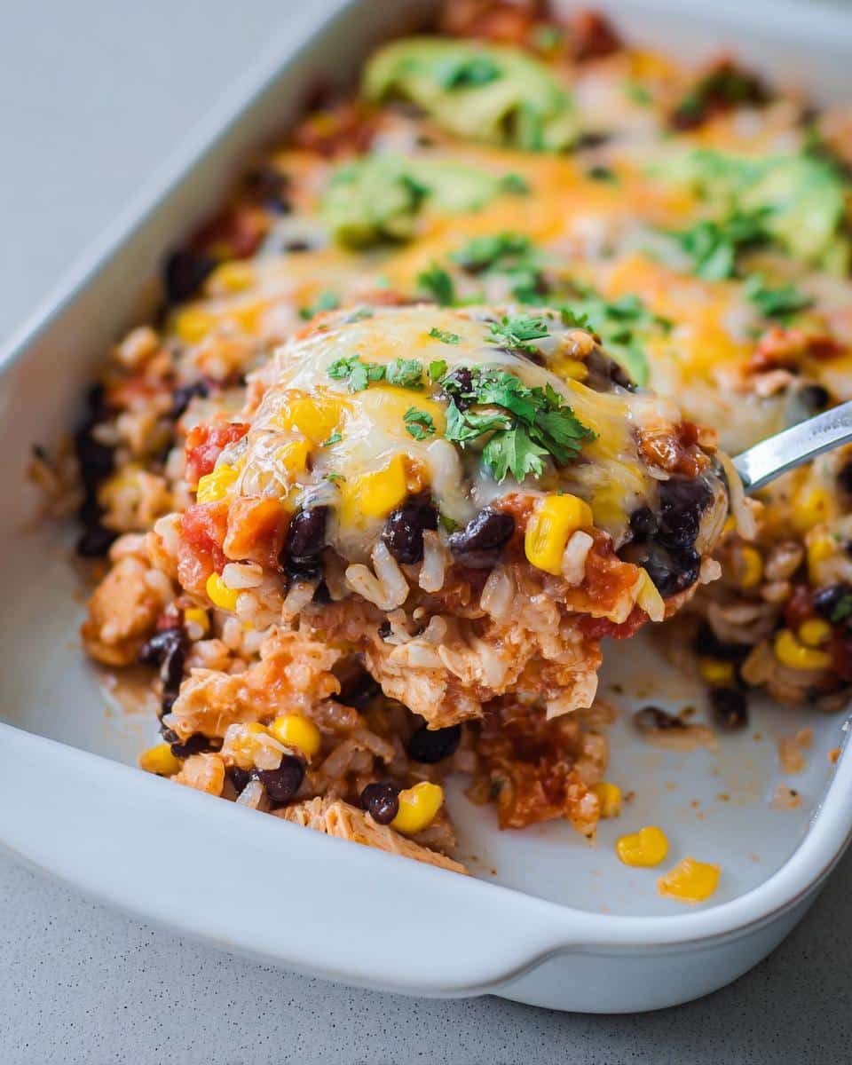 A spoonful of Southwest Chicken Casserole, rich with rice, black beans, corn, and melted cheese, being lifted from the baking dish.
