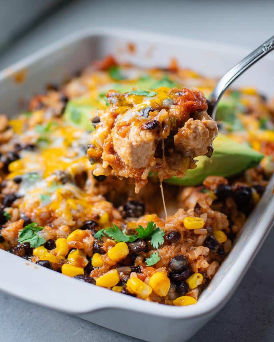 A spoonful of cheesy Southwest Chicken Casserole lifted from a white baking dish, showing chicken, rice, corn, and black beans.