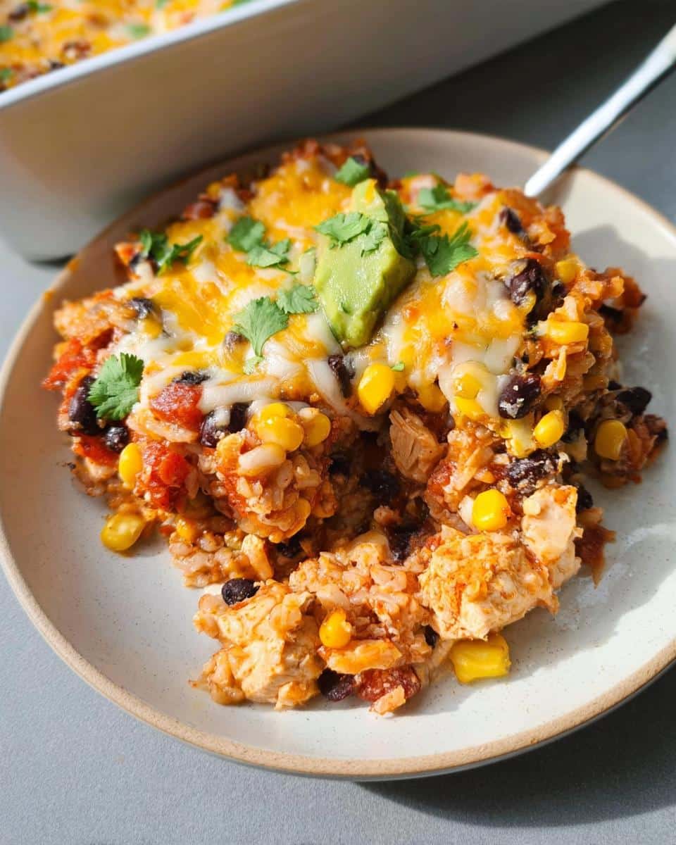 A serving of Southwest Chicken Casserole topped with melted cheese, avocado, and cilantro on a light plate.