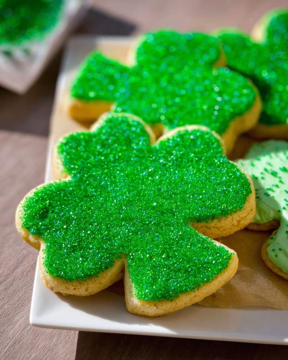 Close-up of a shamrock sugar cookie generously topped with bright green edible glitter.