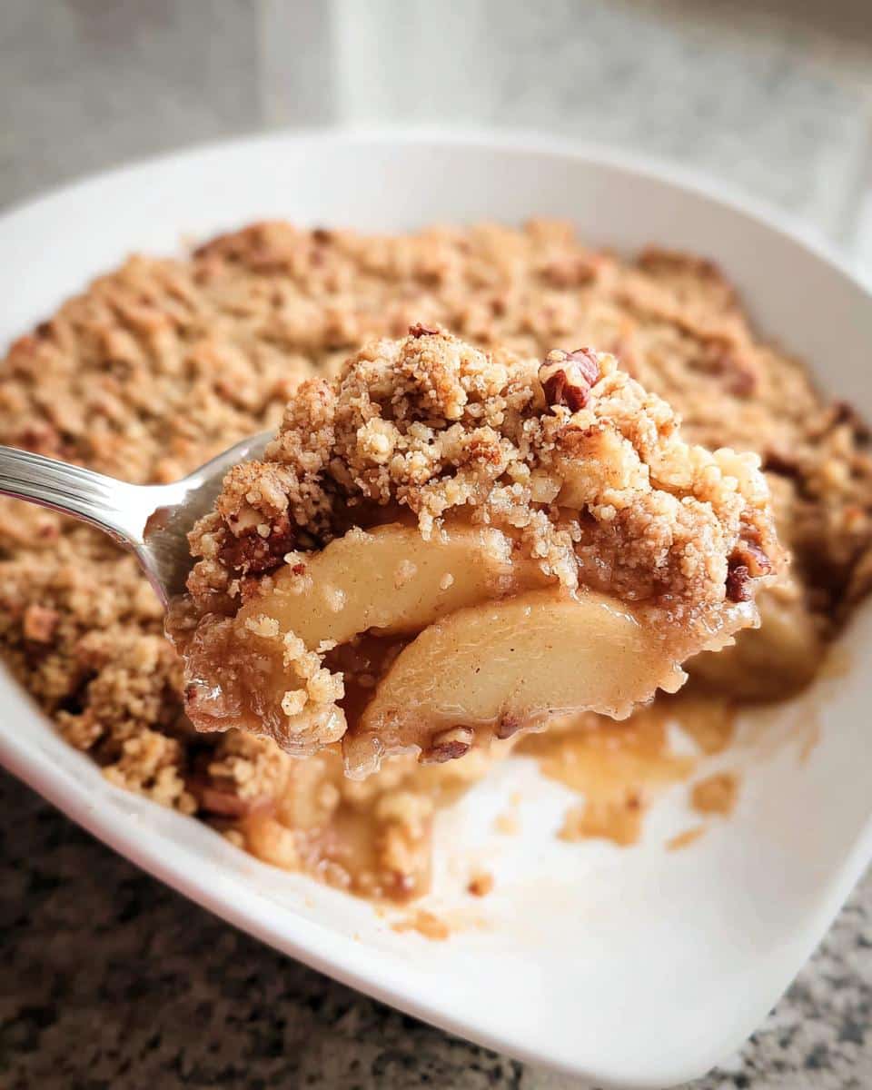 A spoonful of warm Gluten-Free Apple Crumble showing soft baked apples and crunchy pecan topping.