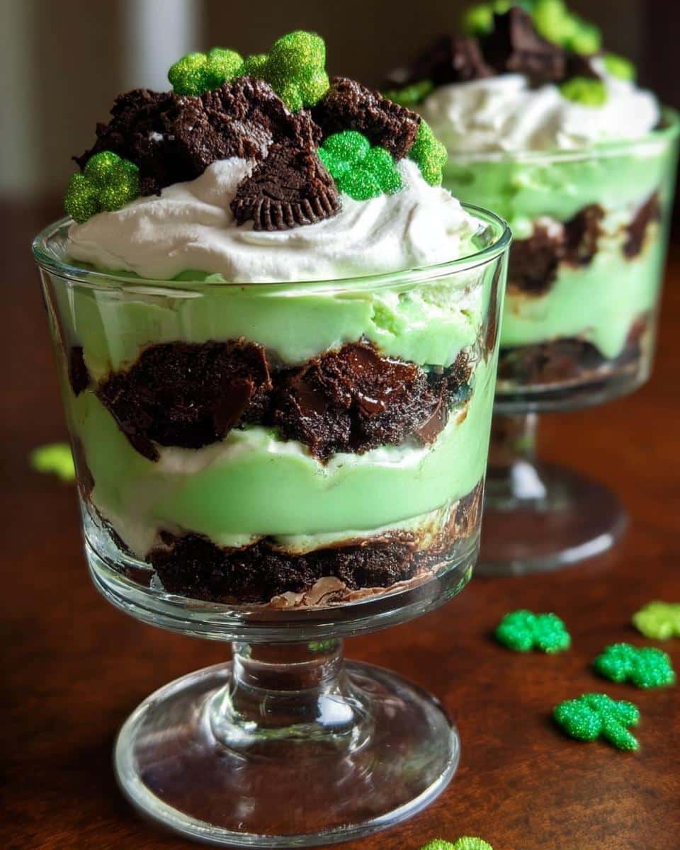Close-up of a St. Patrick’s Day Brownie Trifle layered with green pudding, brownies, and whipped cream, topped with shamrocks.