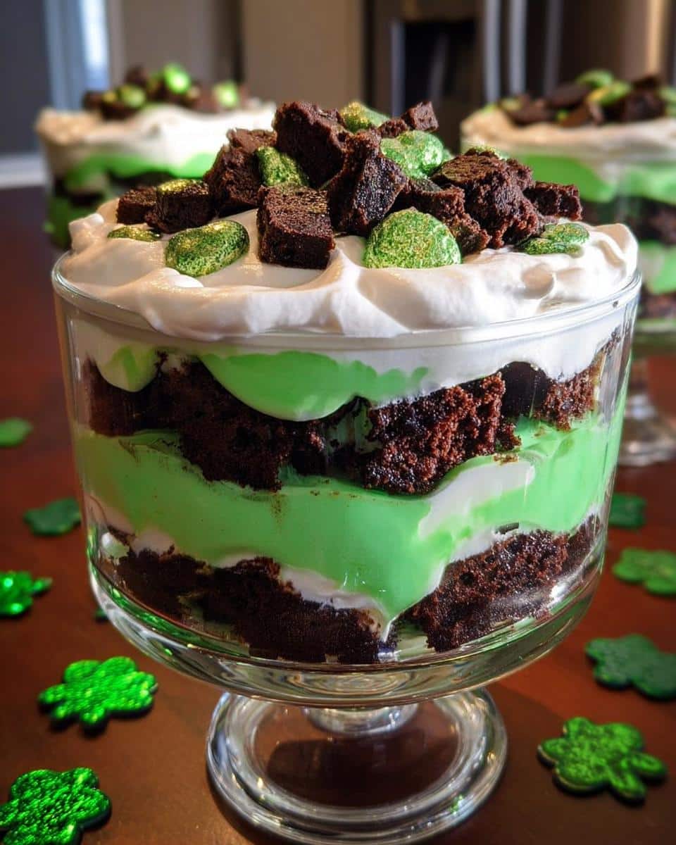 Close-up of a St. Patrick’s Day Brownie Trifle layered with chocolate brownie chunks and bright green pudding, topped with whipped cream and green sprinkles.