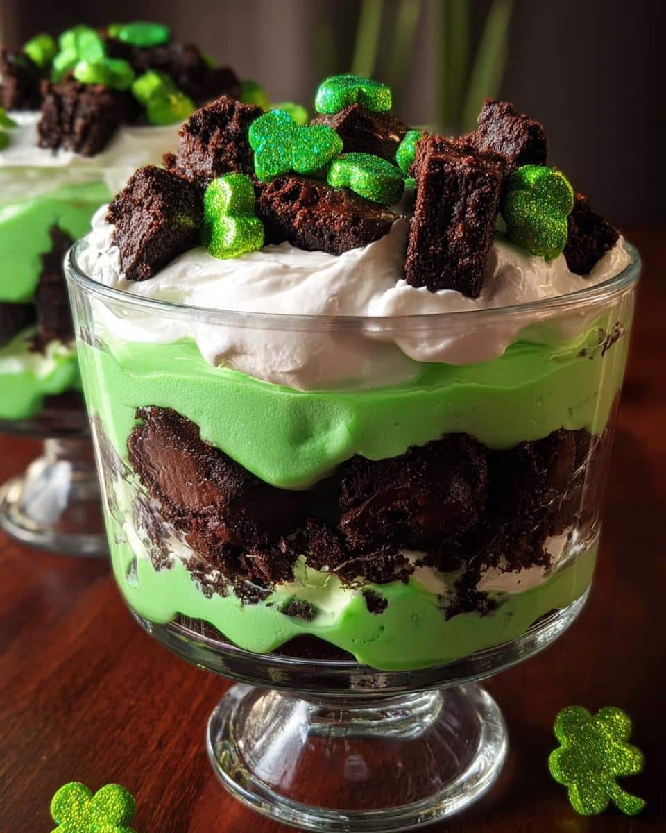 Close-up of a layered St. Patrick’s Day Brownie Trifle featuring green pudding, chocolate brownie chunks, and whipped cream.