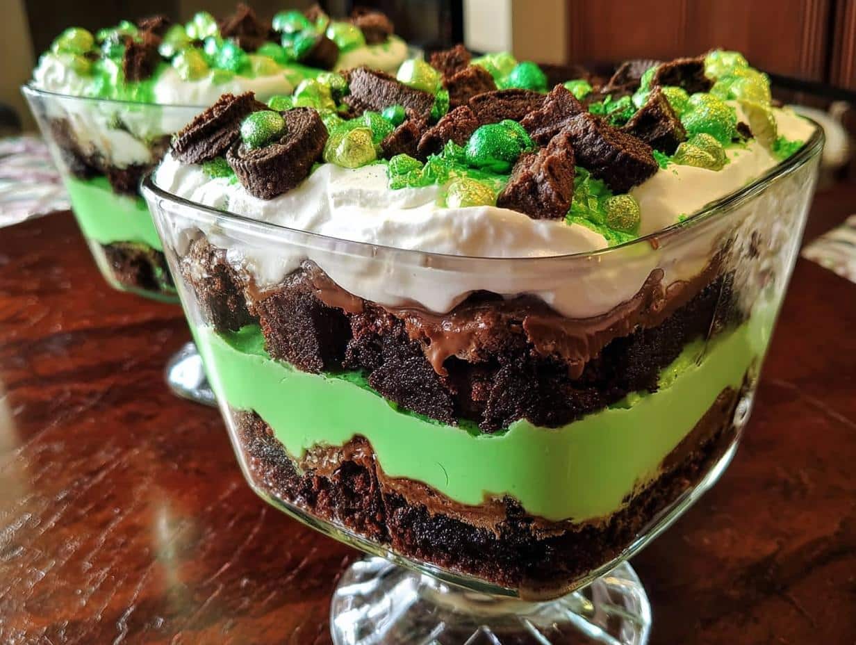 Close-up of a layered St. Patrick’s Day Brownie Trifle featuring green pudding, chocolate, and whipped cream topping.