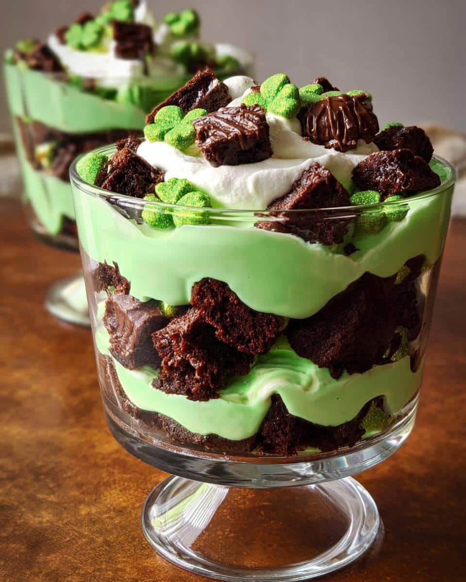 A glass serving of St. Patrick’s Day Brownie Trifle featuring layers of dark brownies, bright green pudding, and whipped cream topped with shamrocks.
