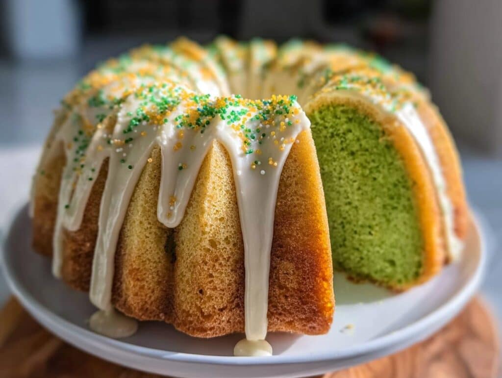 A St. Patrick’s Day Bundt Cake with white icing dripping down the sides and green and gold sprinkles, showing a vibrant green interior.