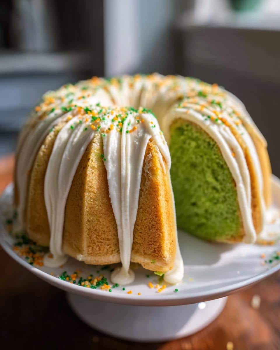 A St. Patrick’s Day Bundt Cake with white icing drizzle and green/orange sprinkles, showing a slice removed to reveal the bright green interior.