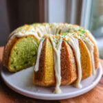 A St. Patrick's Day Bundt Cake with white icing drizzle and green/orange sprinkles, showing a slice cut out revealing a green interior.
