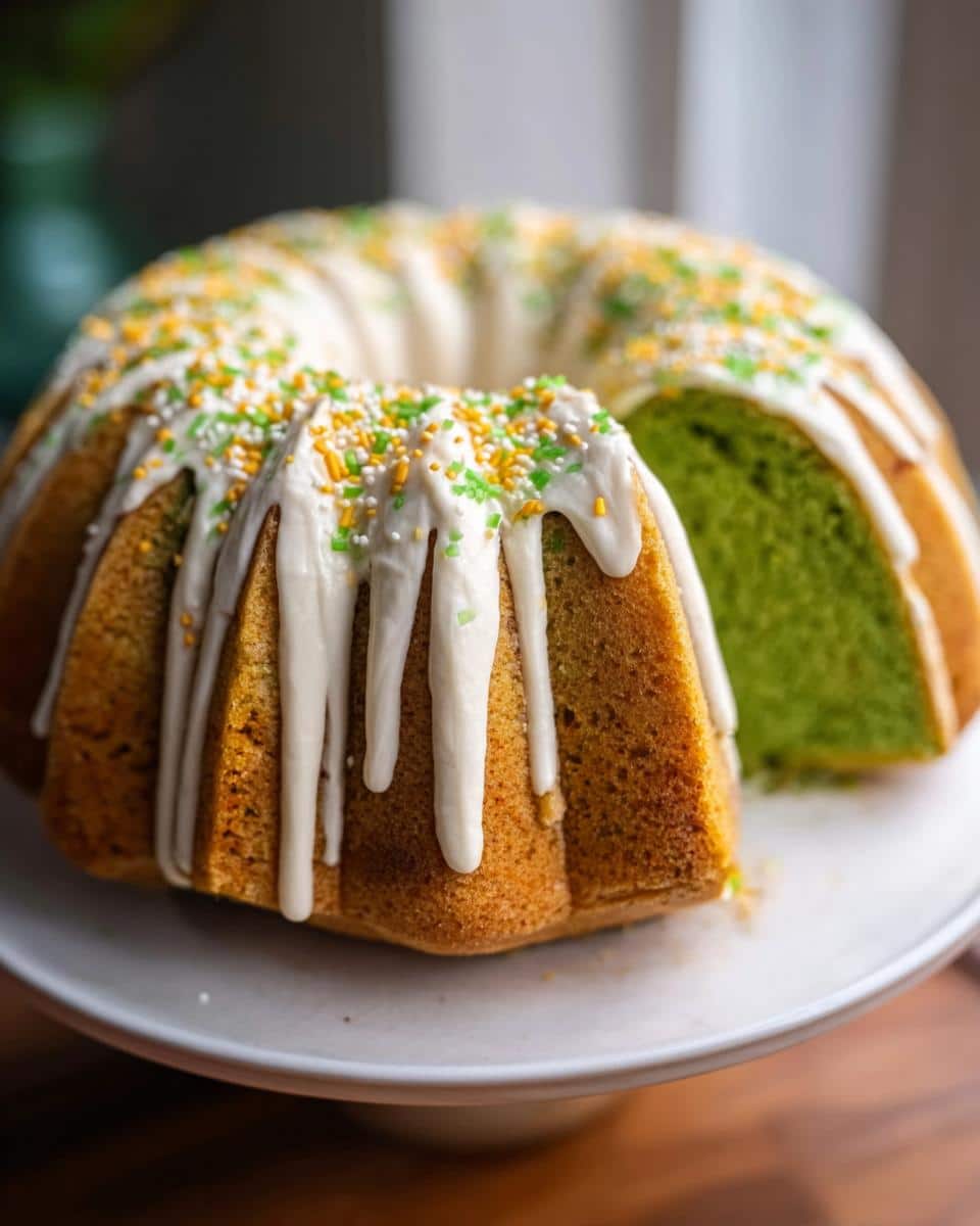 Close-up of a St. Patrick’s Day Bundt Cake with white glaze and green/gold sprinkles, showing the bright green interior.