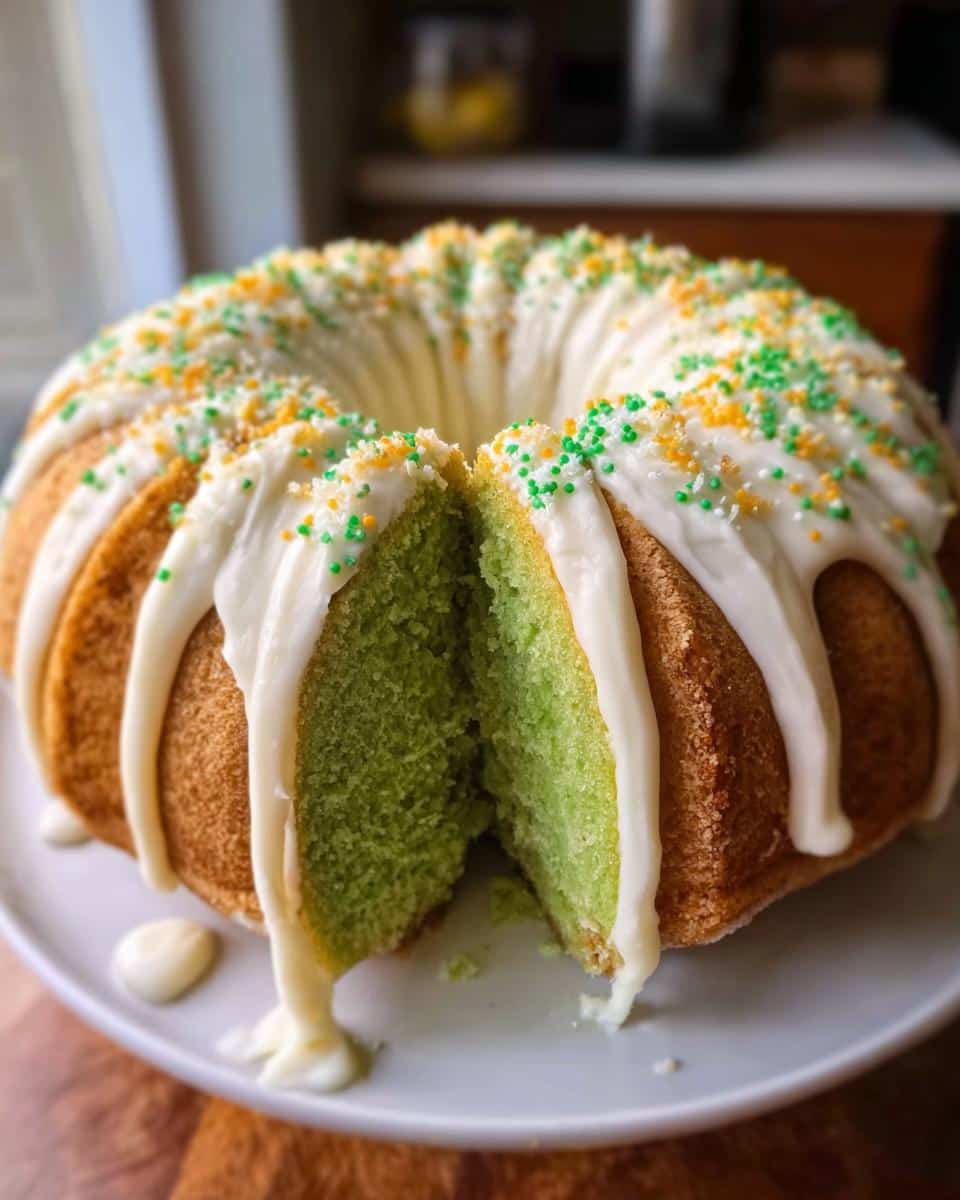 A vibrant green St. Patrick’s Day Bundt Cake, sliced open, topped with white glaze and green and gold sprinkles.