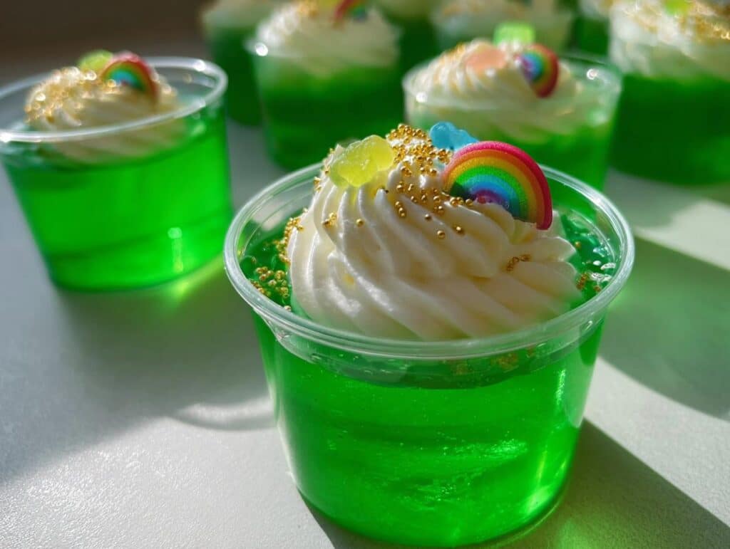 Close-up of a bright green St. Patrick’s Day Jello Shot topped with whipped cream, gold sprinkles, and a rainbow candy.