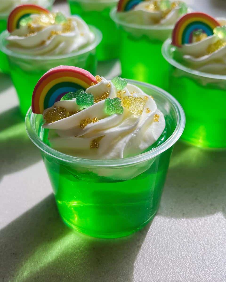 Close-up of a bright green St. Patrick’s Day Jello Shot topped with whipped cream, a rainbow candy, and shamrock sprinkles.