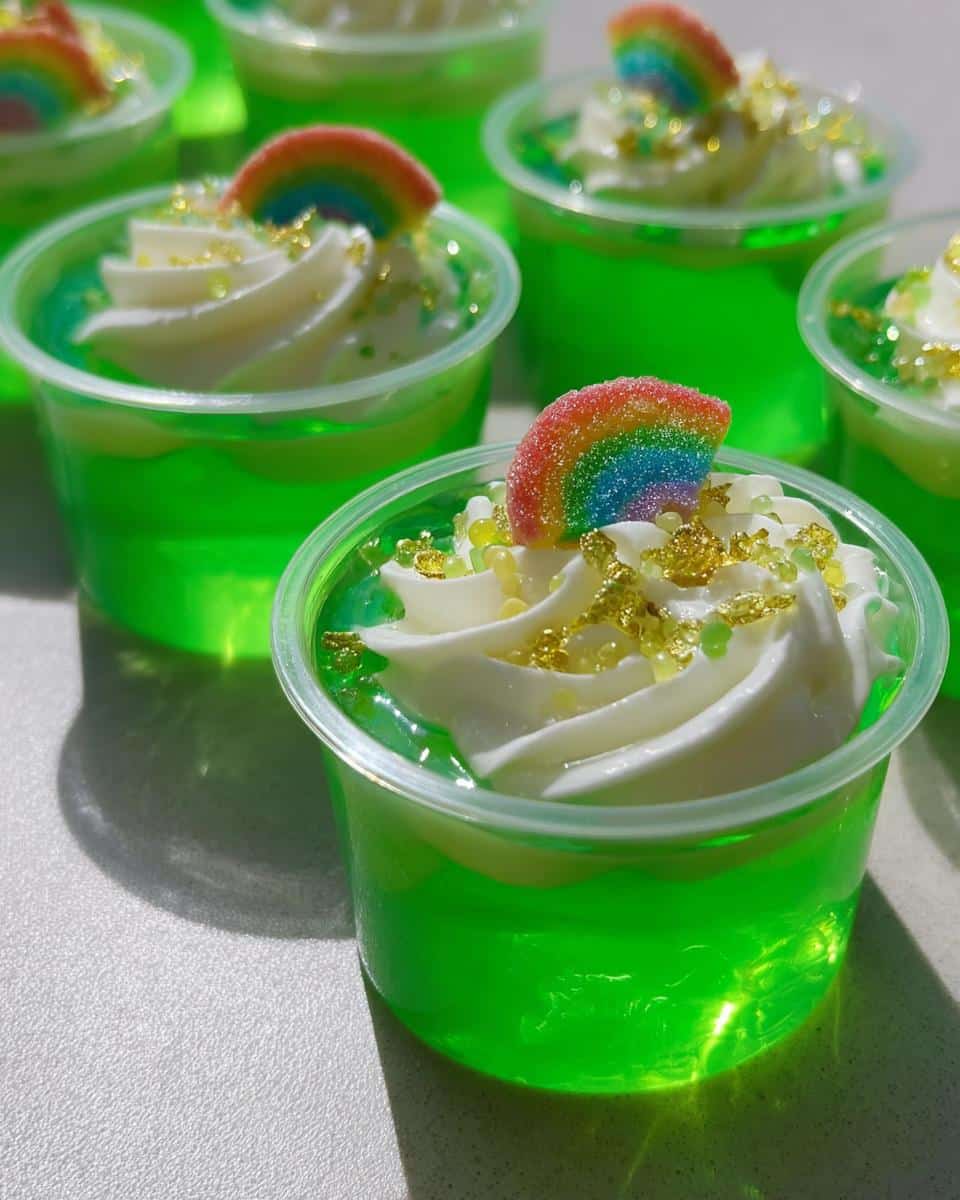 Close-up of vibrant green St. Patrick’s Day Jello Shots topped with whipped cream, gold sprinkles, and a rainbow candy.