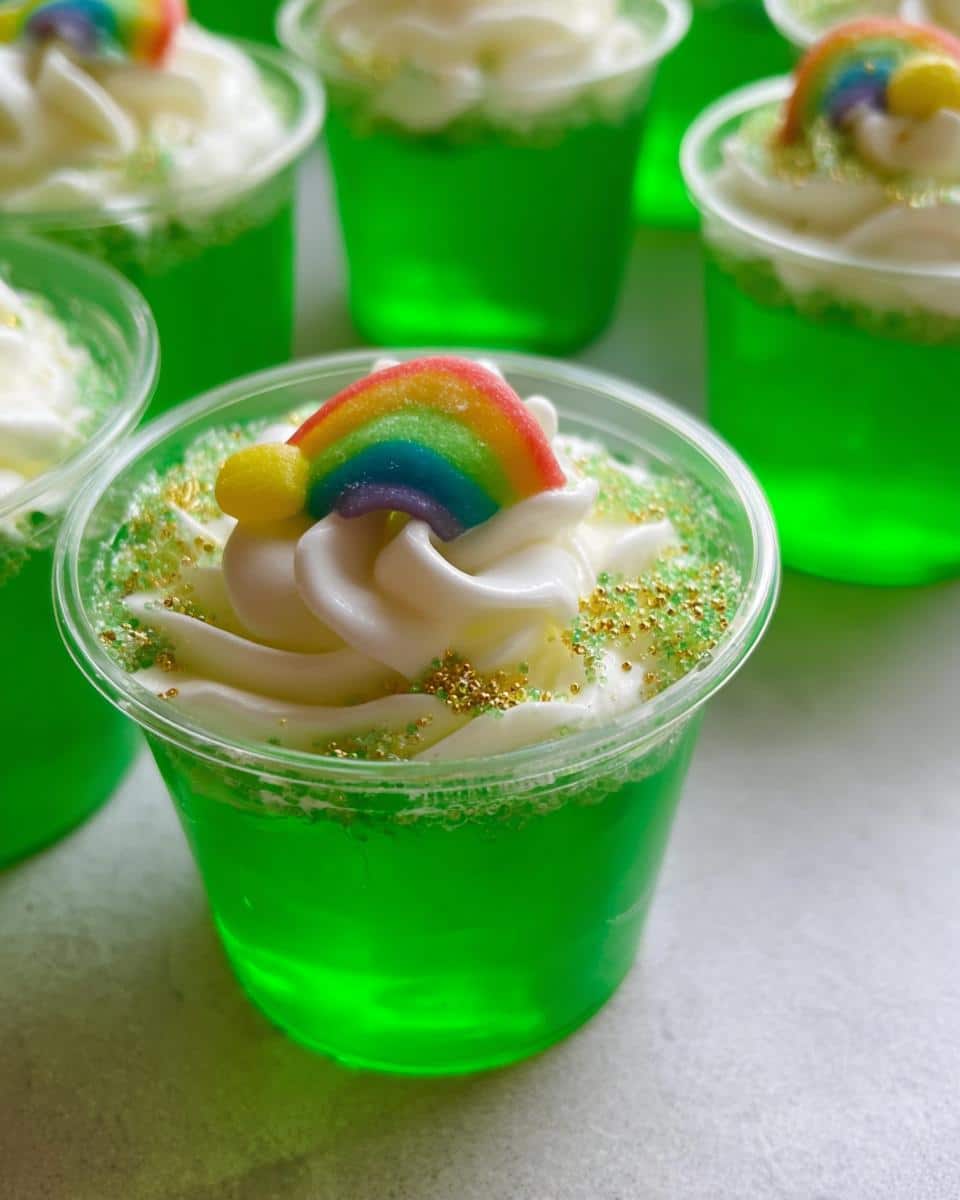 Close-up of a bright green St. Patrick’s Day Jello Shot topped with whipped cream, gold sprinkles, and a rainbow candy.