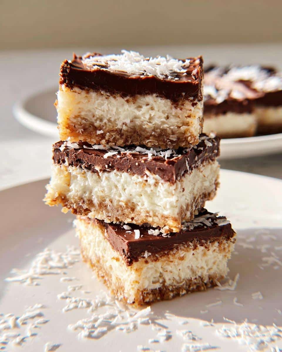 A stack of three rich No-Bake Coconut Dessert Bars featuring a chocolate topping and shredded coconut.