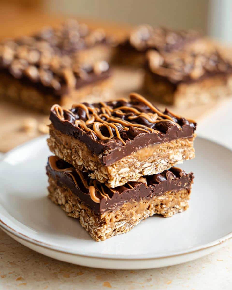 Two stacked No-Bake Chocolate Oat Bars featuring an oat base, caramel layer, chocolate topping, and peanut butter drizzle.