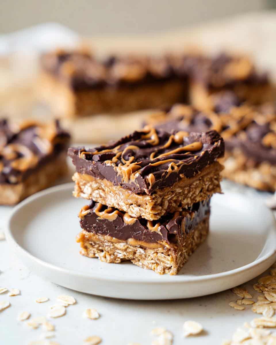 Two stacked No-Bake Chocolate Oat Bars featuring an oat base, chocolate layer, and peanut butter drizzle on a white plate.
