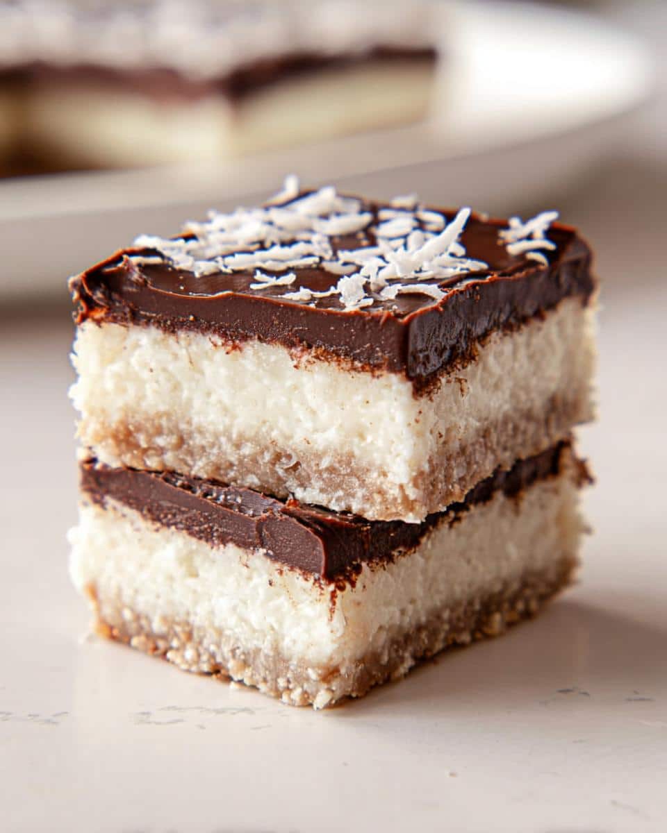 Two stacked squares of No-Bake Coconut Dessert Bars featuring a crust, white coconut filling, chocolate layer, and shredded coconut.
