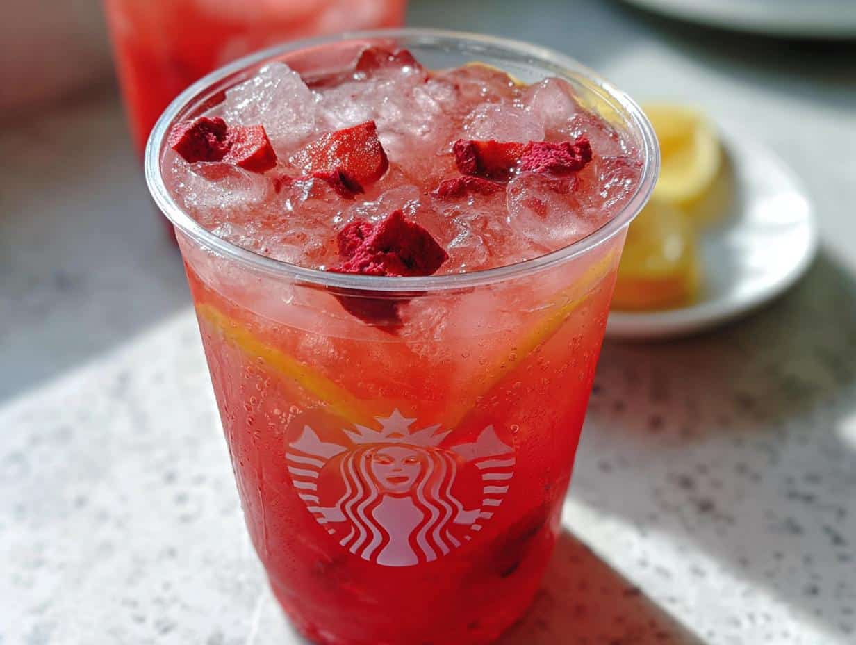 Close-up of a vibrant red Starbucks Lemonade Refresher DIY topped with ice and freeze-dried berries.