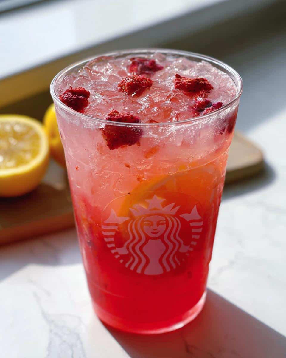 Close-up of a vibrant pink Starbucks Lemonade Refresher DIY topped with crushed ice and freeze-dried berries.