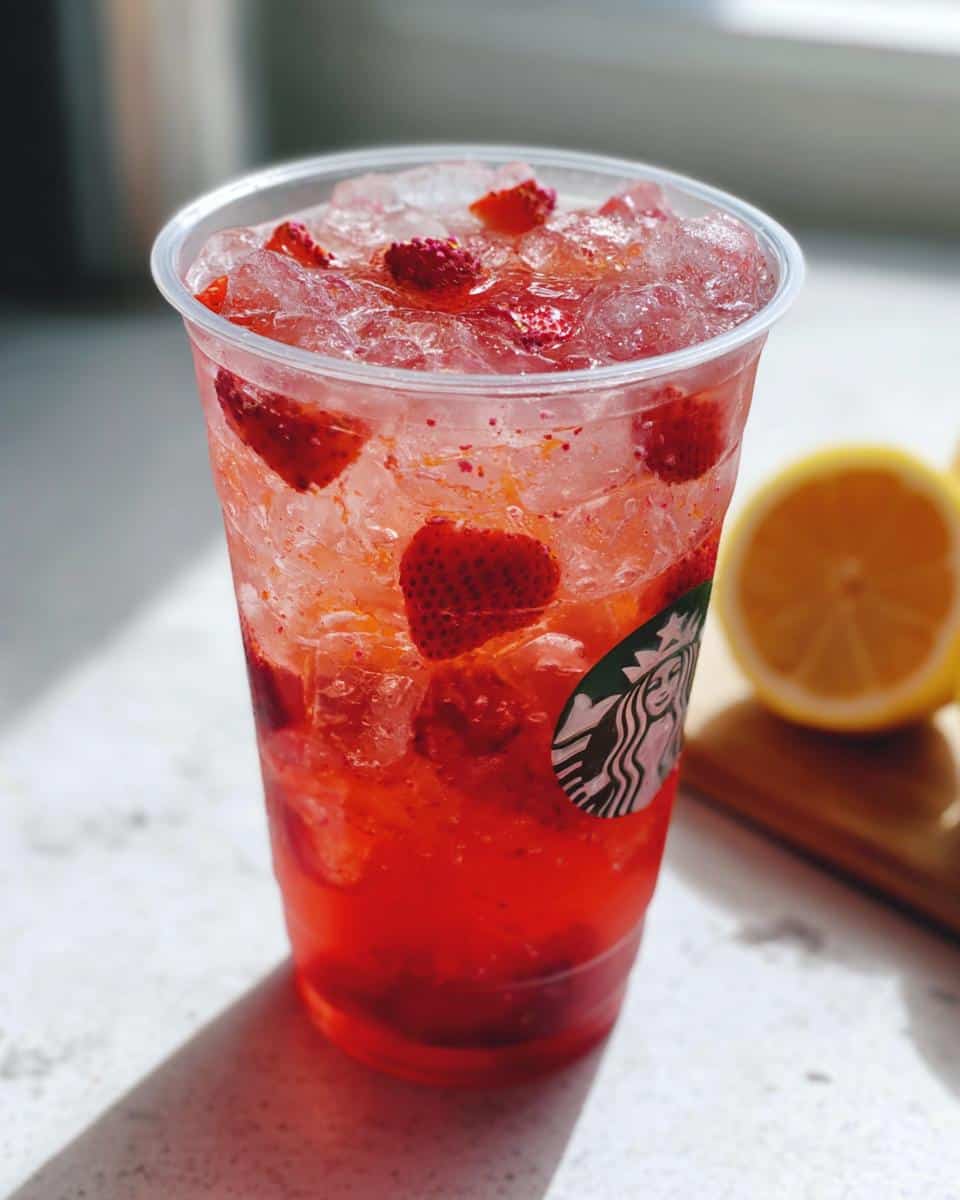 Close-up of a bright red, iced Starbucks Lemonade Refresher DIY topped with fresh strawberry slices.