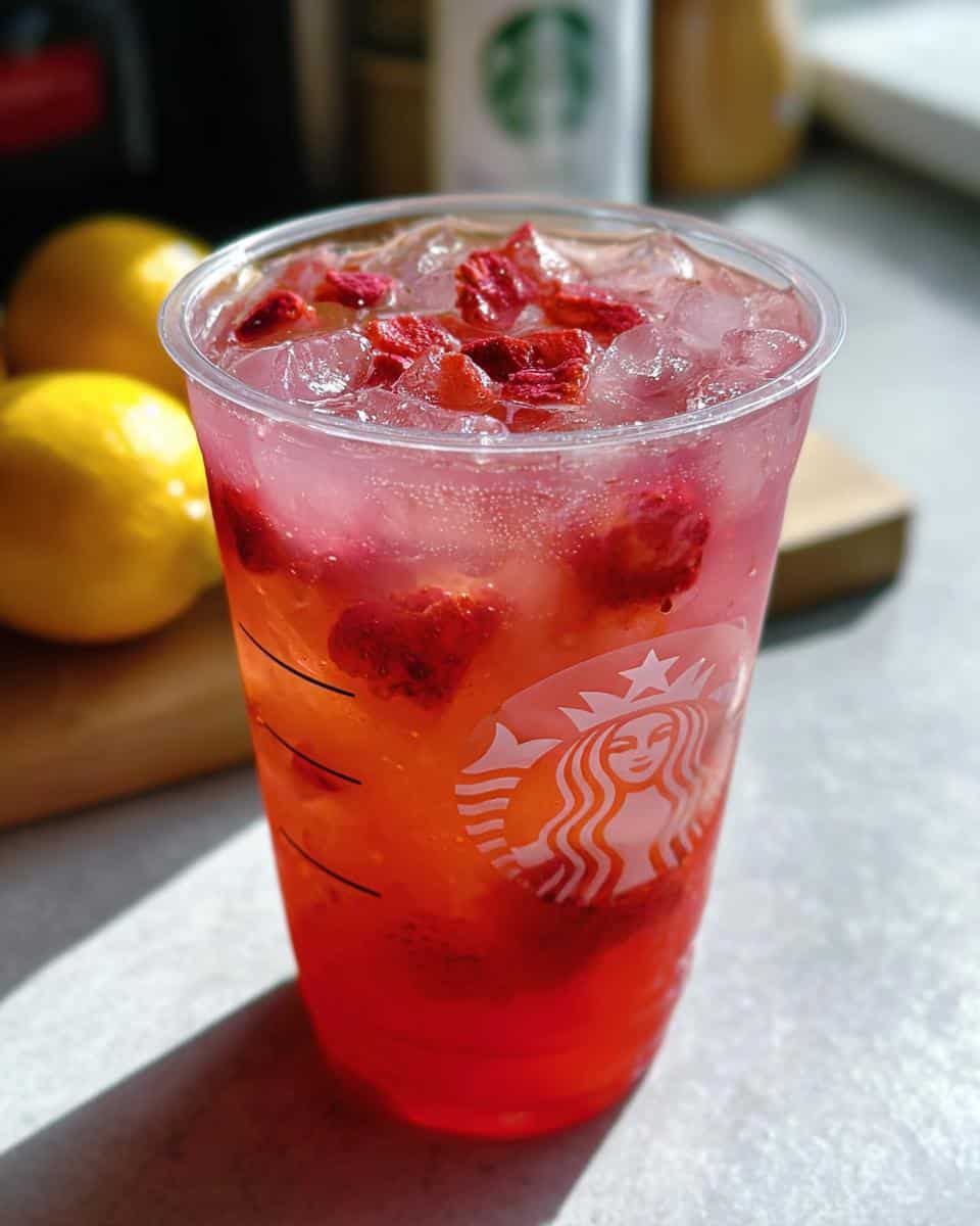 Close-up of a vibrant pink and red Starbucks Lemonade Refresher DIY drink with ice and dried strawberry pieces.