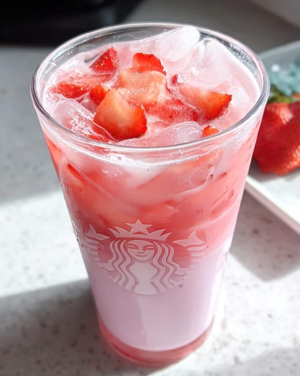 Close-up of a Starbucks Pink Drink Copycat layered with pink liquid, ice, and sliced strawberries in a glass featuring the Starbucks logo.