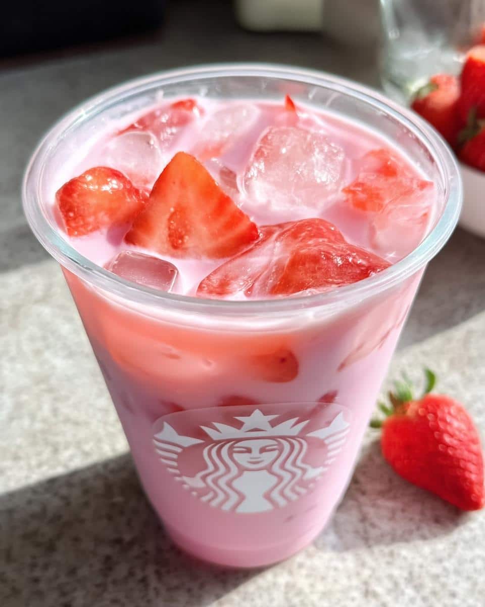 Close-up of a Starbucks Pink Drink Copycat in a clear plastic cup with ice and strawberry slices, next to a fresh strawberry.