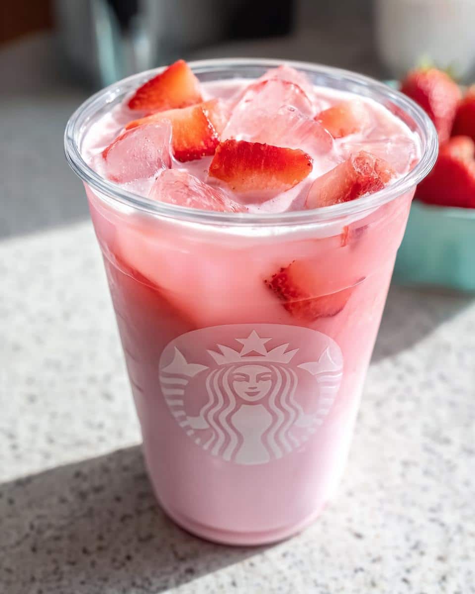Close-up of a homemade Starbucks Pink Drink Copycat in a clear plastic cup with ice and sliced strawberries.