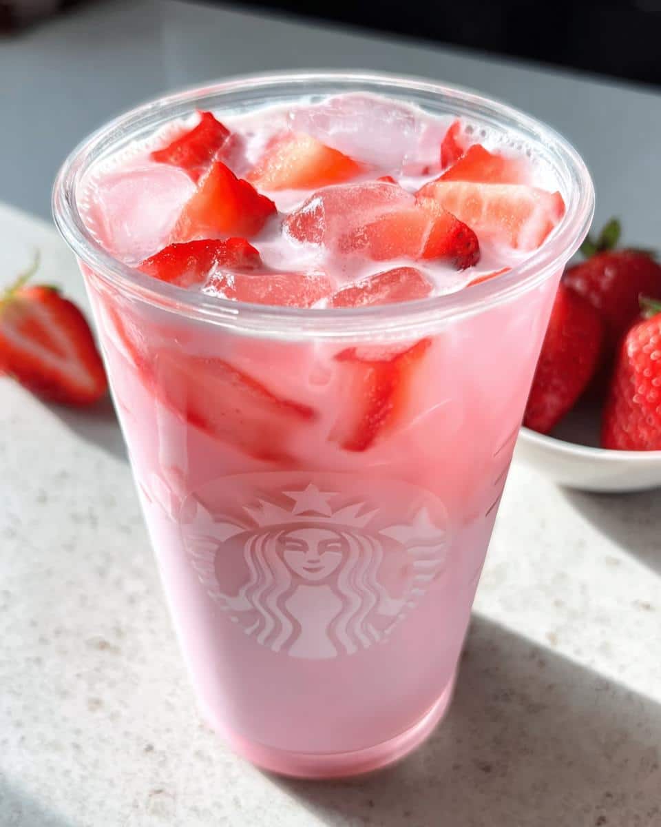 Close-up of a Starbucks Pink Drink Copycat in a clear cup, filled with ice and fresh strawberry slices.