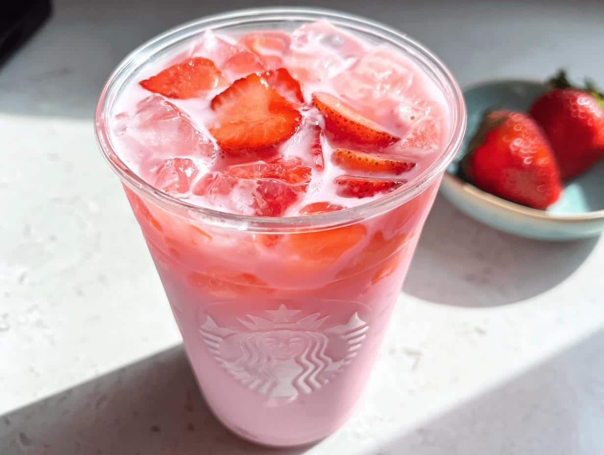 Close-up of a Starbucks Pink Drink Copycat in a clear plastic cup, topped with ice and sliced strawberries.