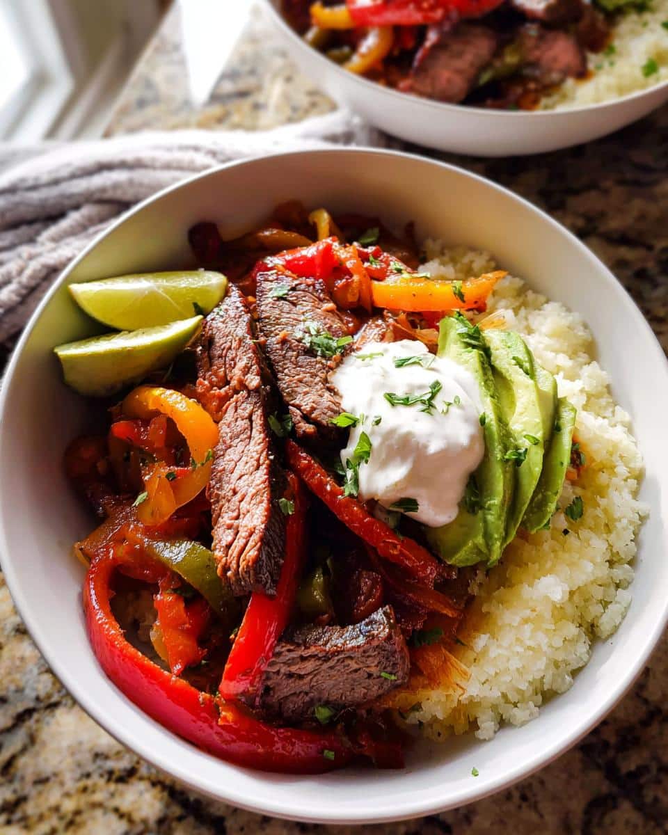 Close-up of a Steak Fajita Low Carb Bowl featuring sliced steak, sautéed peppers, cauliflower rice, avocado, and sour cream.