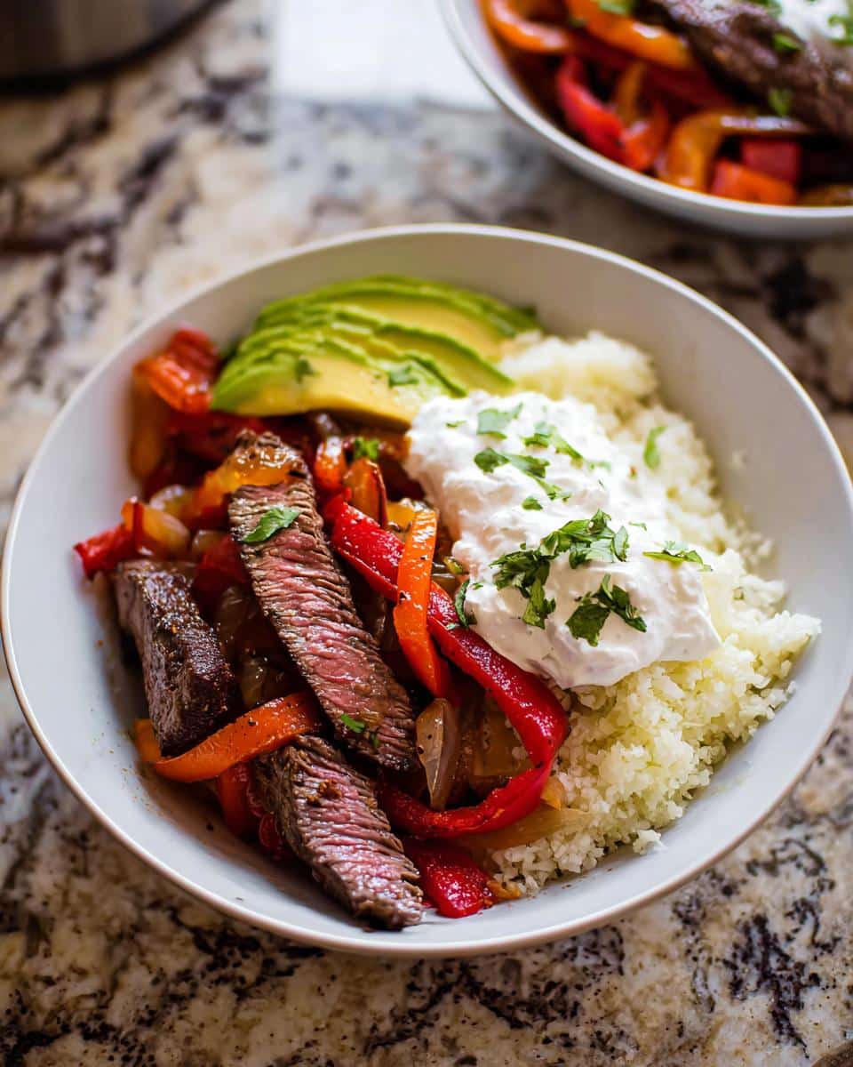 Close-up of a Steak Fajita Low Carb Bowl featuring sliced steak, peppers, cauliflower rice, avocado, and sour cream.