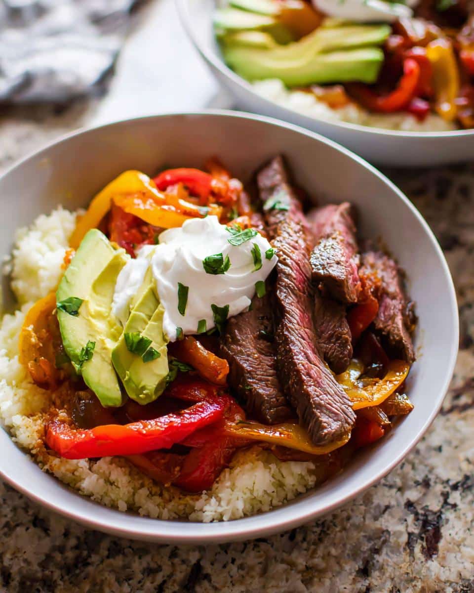 A close-up of a Steak Fajita Low Carb Bowl featuring sliced steak, sautéed peppers, cauliflower rice, avocado, and sour cream.