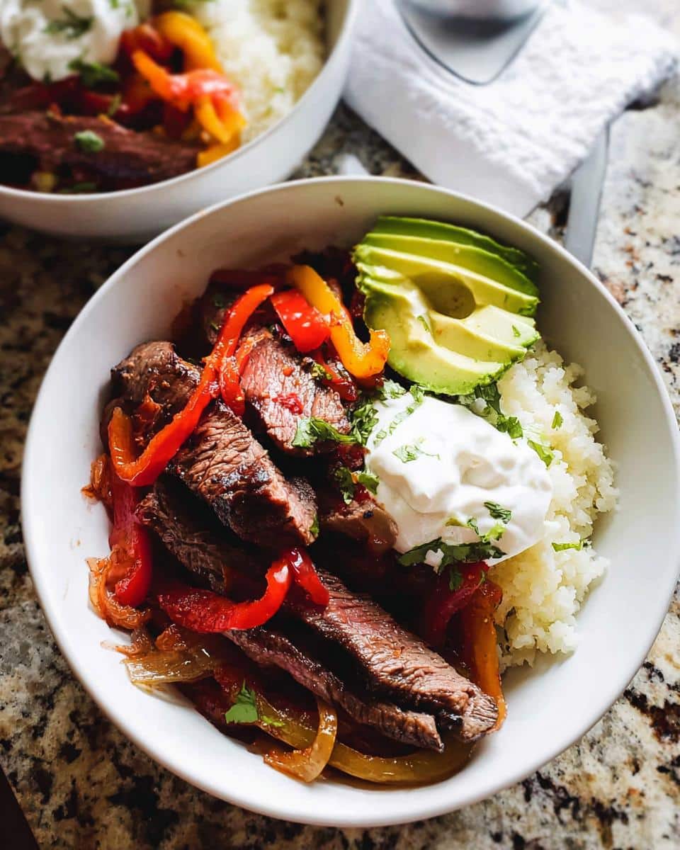 Close-up of a Steak Fajita Low Carb Bowl featuring sliced steak, sautéed peppers, cauliflower rice, avocado, and sour cream.