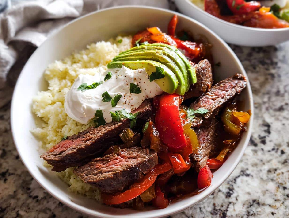 Close-up of a Steak Fajita Low Carb Bowl featuring sliced steak, peppers, cauliflower rice, avocado, and sour cream.
