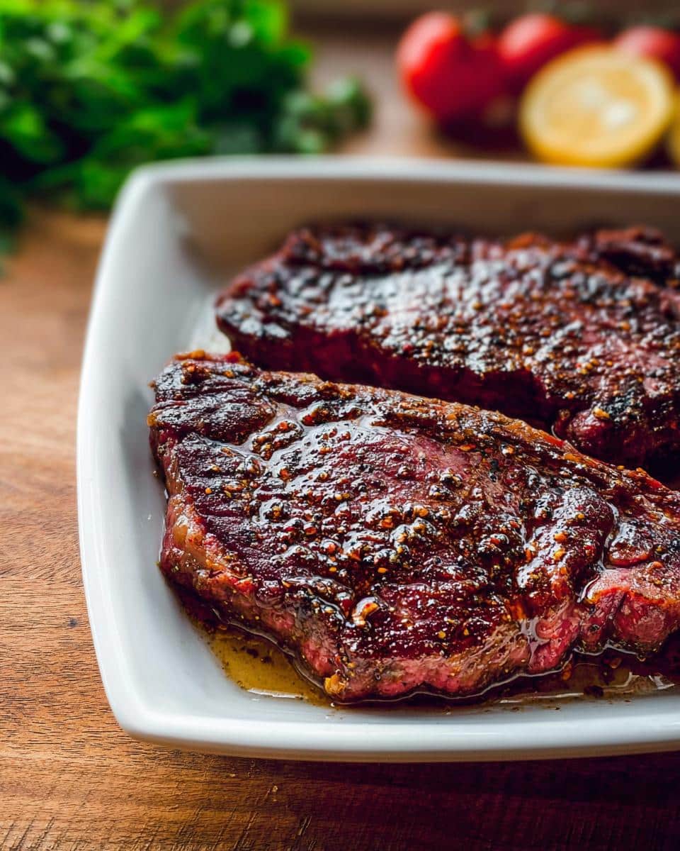 Two raw steaks generously coated in a thick, flavorful Keto Steak Marinade, resting in a white dish.