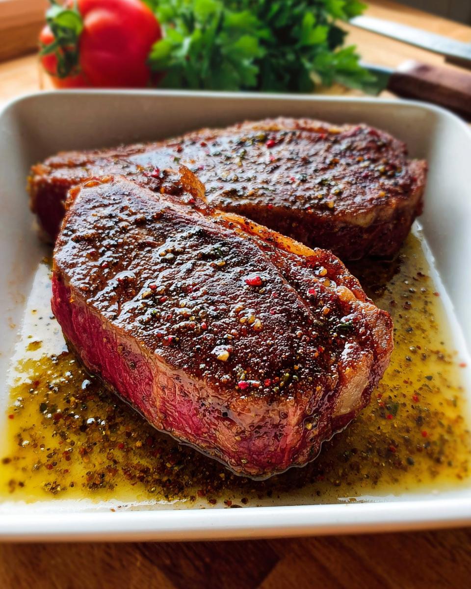 Two perfectly seared steaks resting in a pool of liquid from the Keto Steak Marinade.