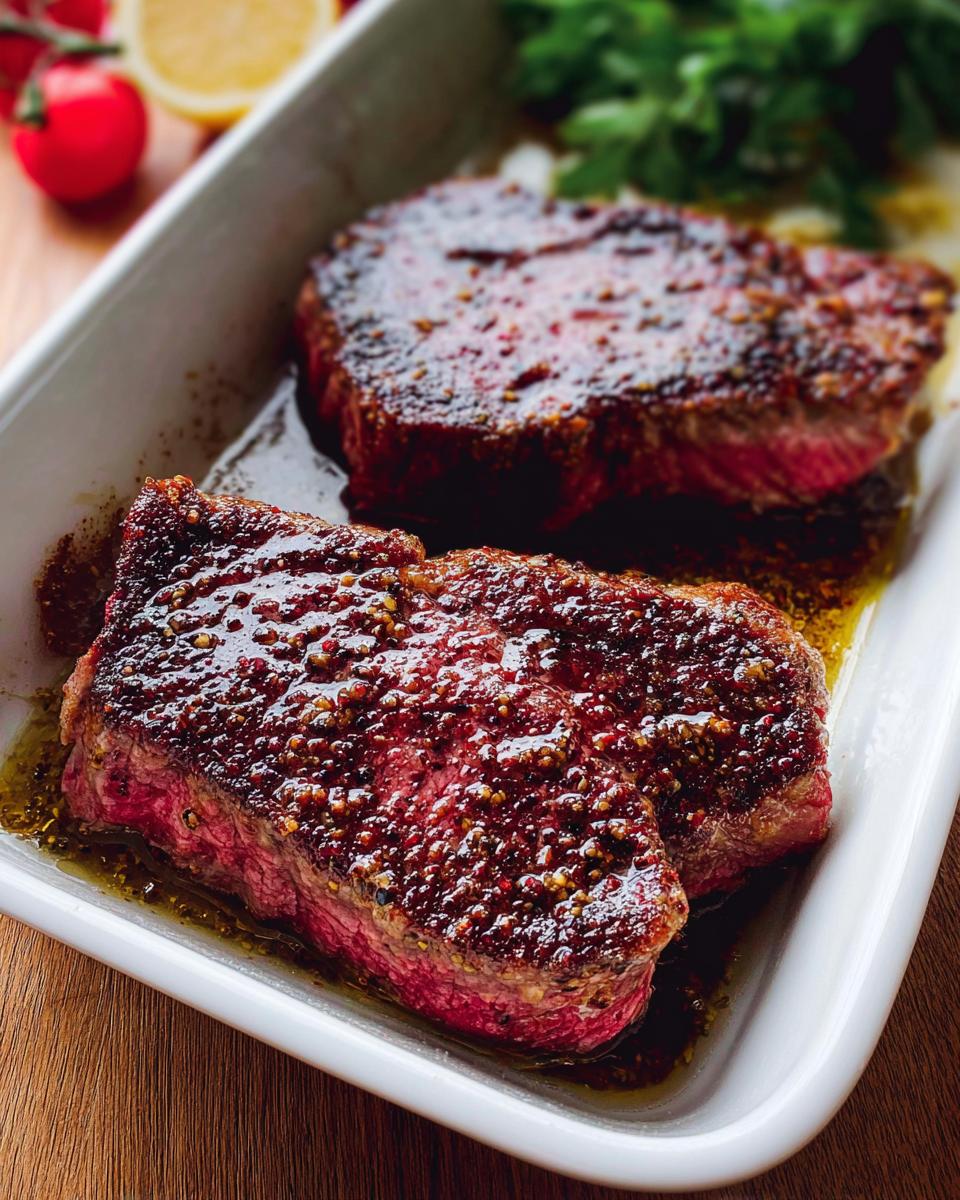 Two medium-rare steaks resting in a white dish, heavily coated in the thick, grainy Keto Steak Marinade.