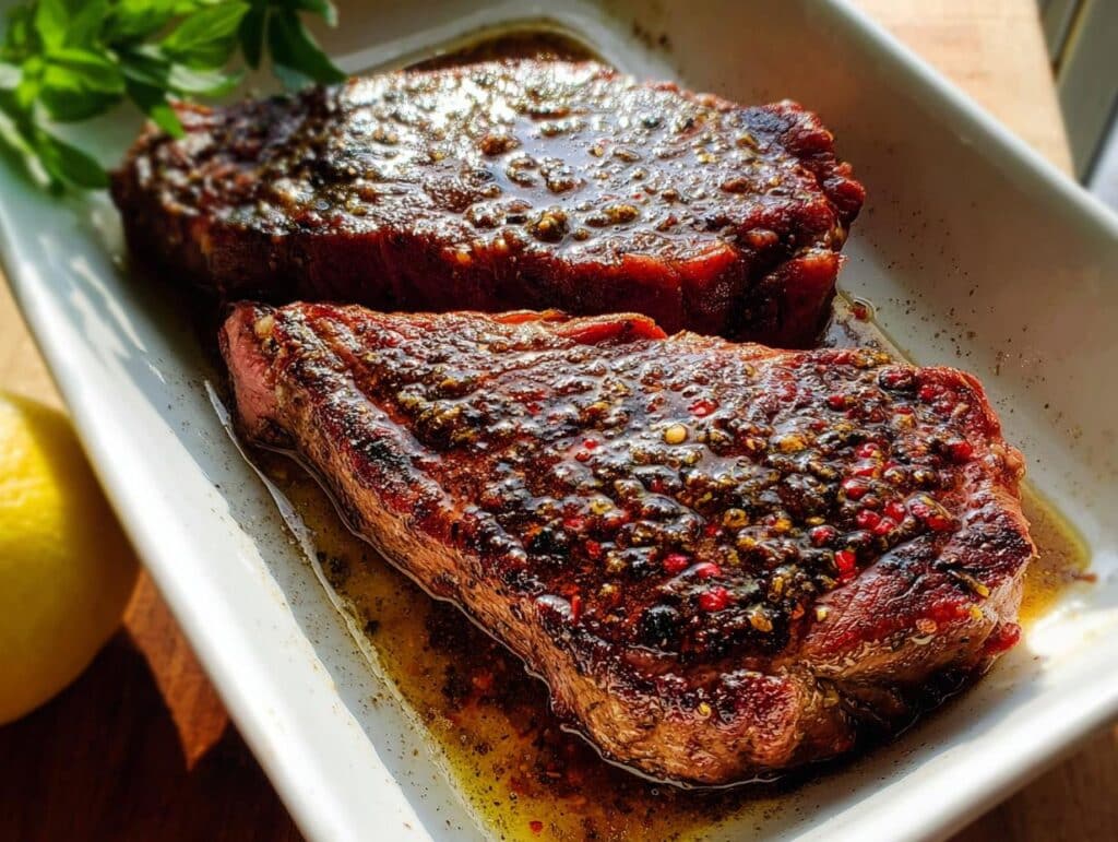 Two thick steaks resting in a white dish, generously coated with the colorful spices from the Keto Steak Marinade.