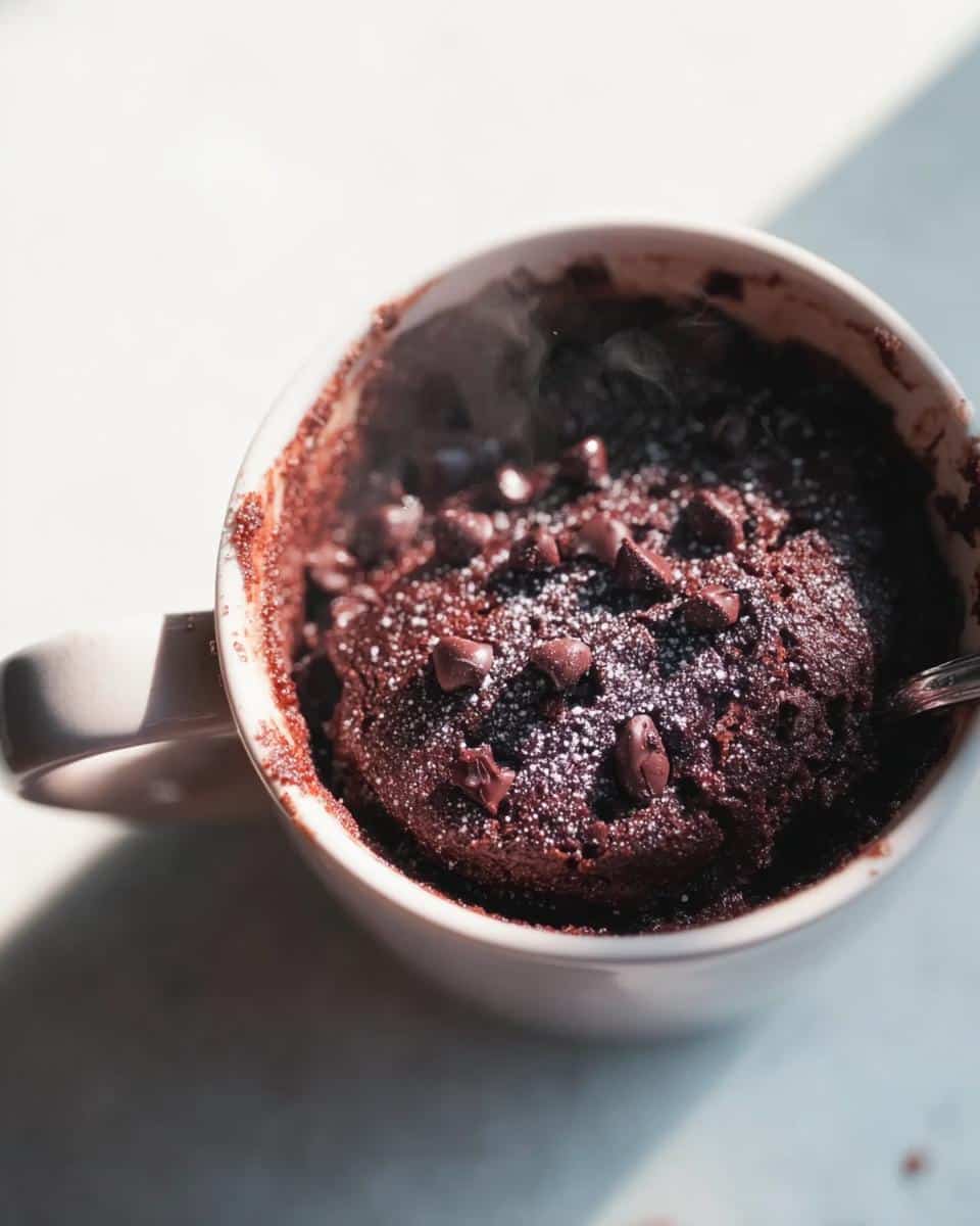 Close-up of a freshly made, steaming Chocolate Mug Cake (5 Minutes) topped with chocolate chips and powdered sugar.
