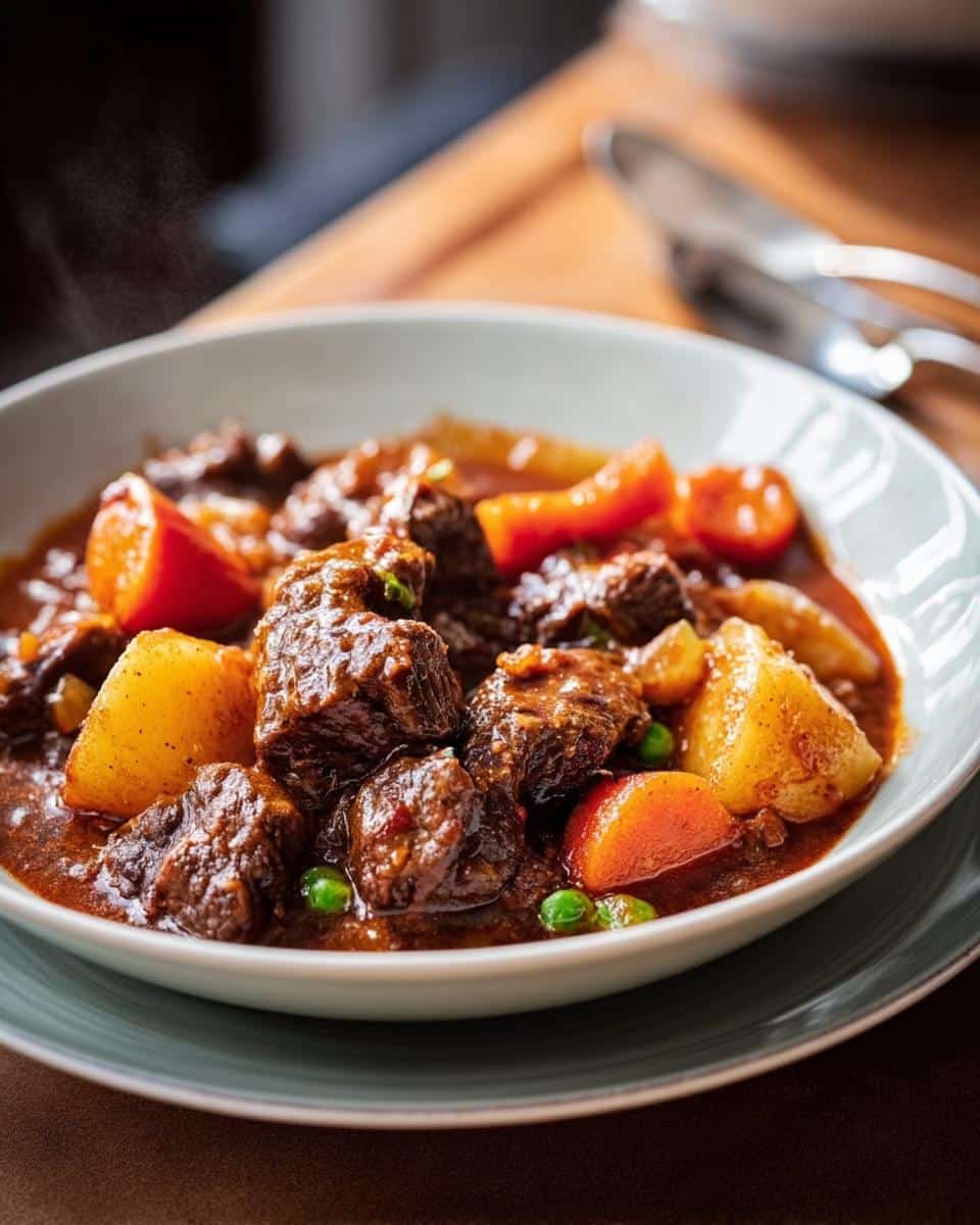 Close-up of a steaming bowl filled with rich, dark Comfort Beef Stew featuring chunks of beef, potatoes, carrots, and peas.