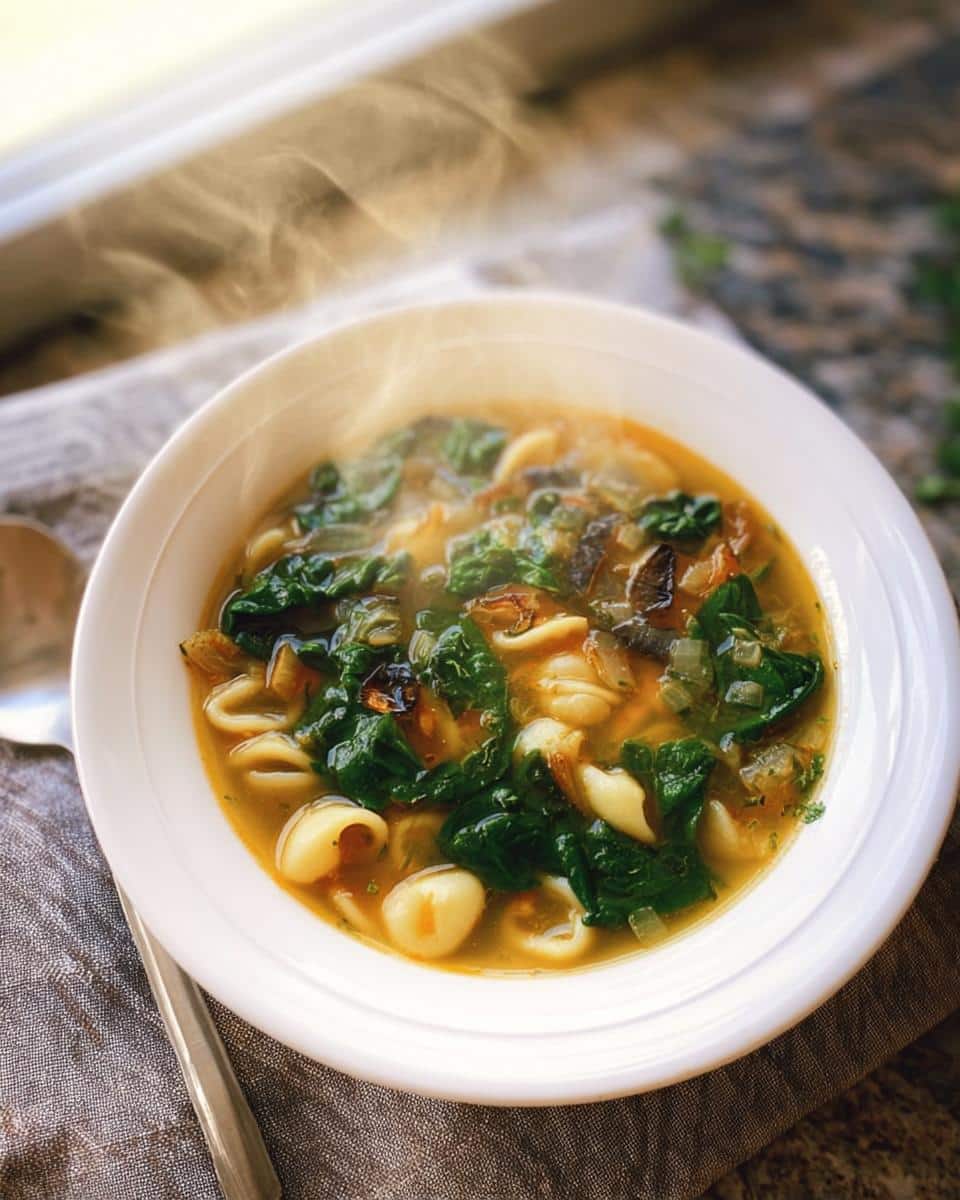 A steaming white bowl of Garlic Ginger Immune Boosting Soup filled with spinach, pasta, and broth.