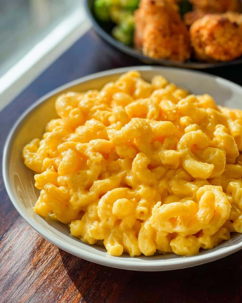 Close-up of a bowl filled with creamy, bright orange Gluten-Free Mac and Cheese.