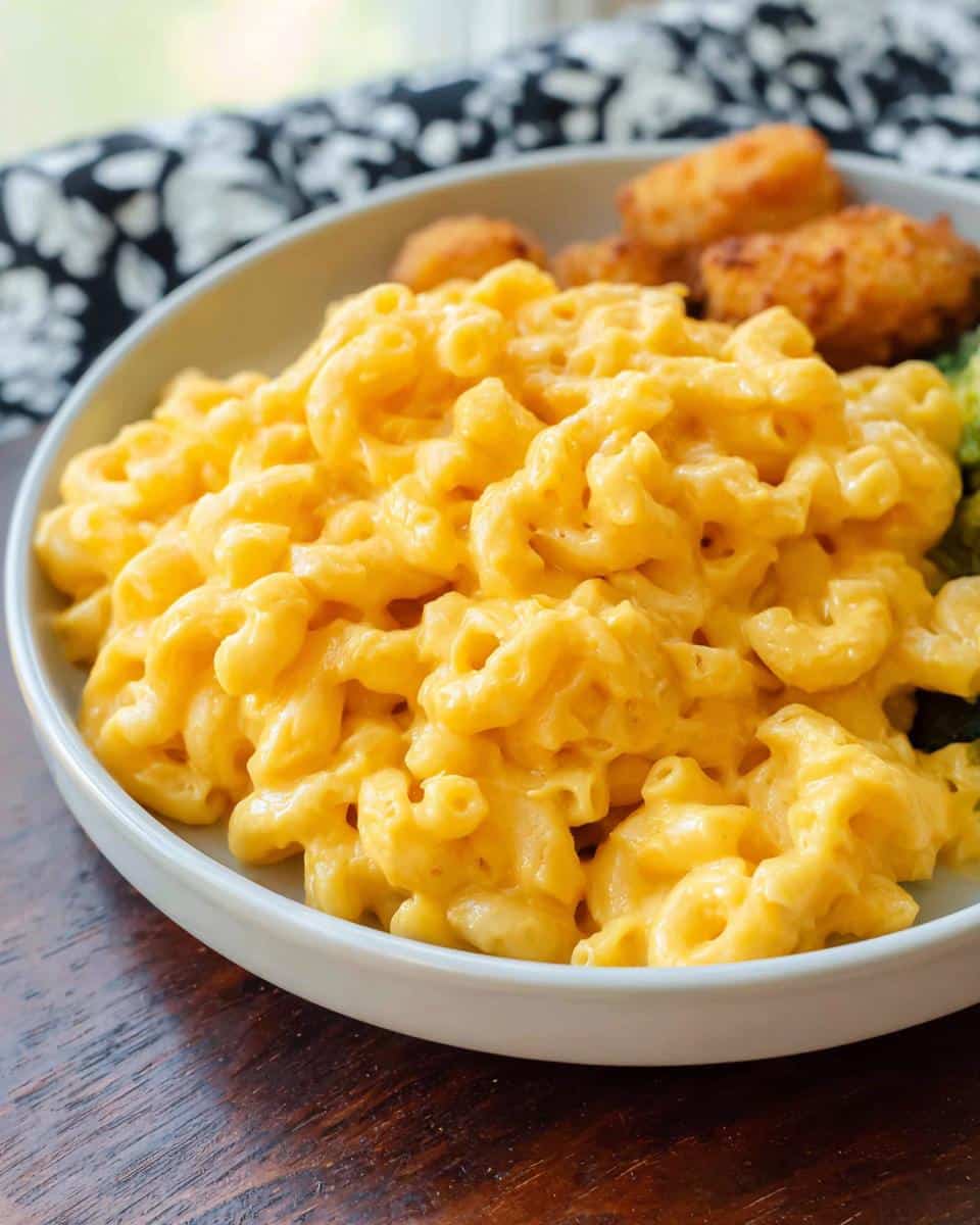 A bowl overflowing with creamy, bright orange Gluten-Free Mac and Cheese served on a wooden table.