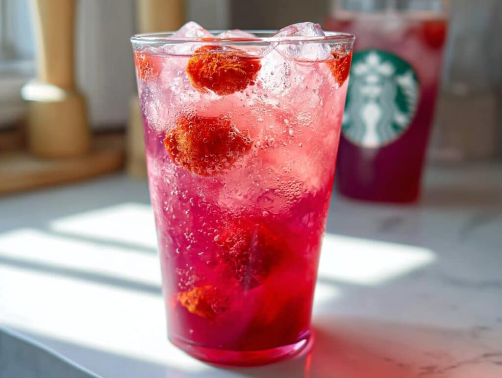 Close-up of a vibrant pink Strawberry Acai Refresher Copycat drink filled with ice and strawberry pieces.