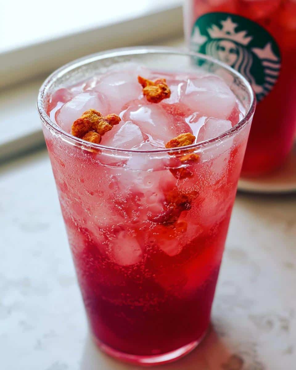 Close-up of a refreshing pink-red Strawberry Acai Refresher Copycat beverage filled with ice and topped with dried strawberry pieces.